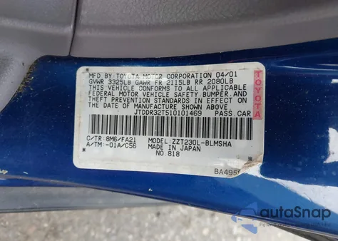 2001 Toyota Celica Gt from USA, damaged, VIN JTDDR32T510101469